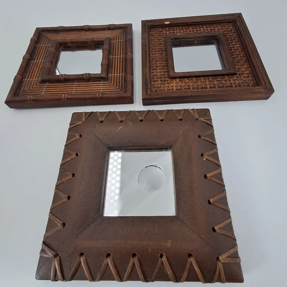 Set‎ of 3 Intercontinental Art Inc. Mixed Media Square Wall Mirrors Boho Rattan